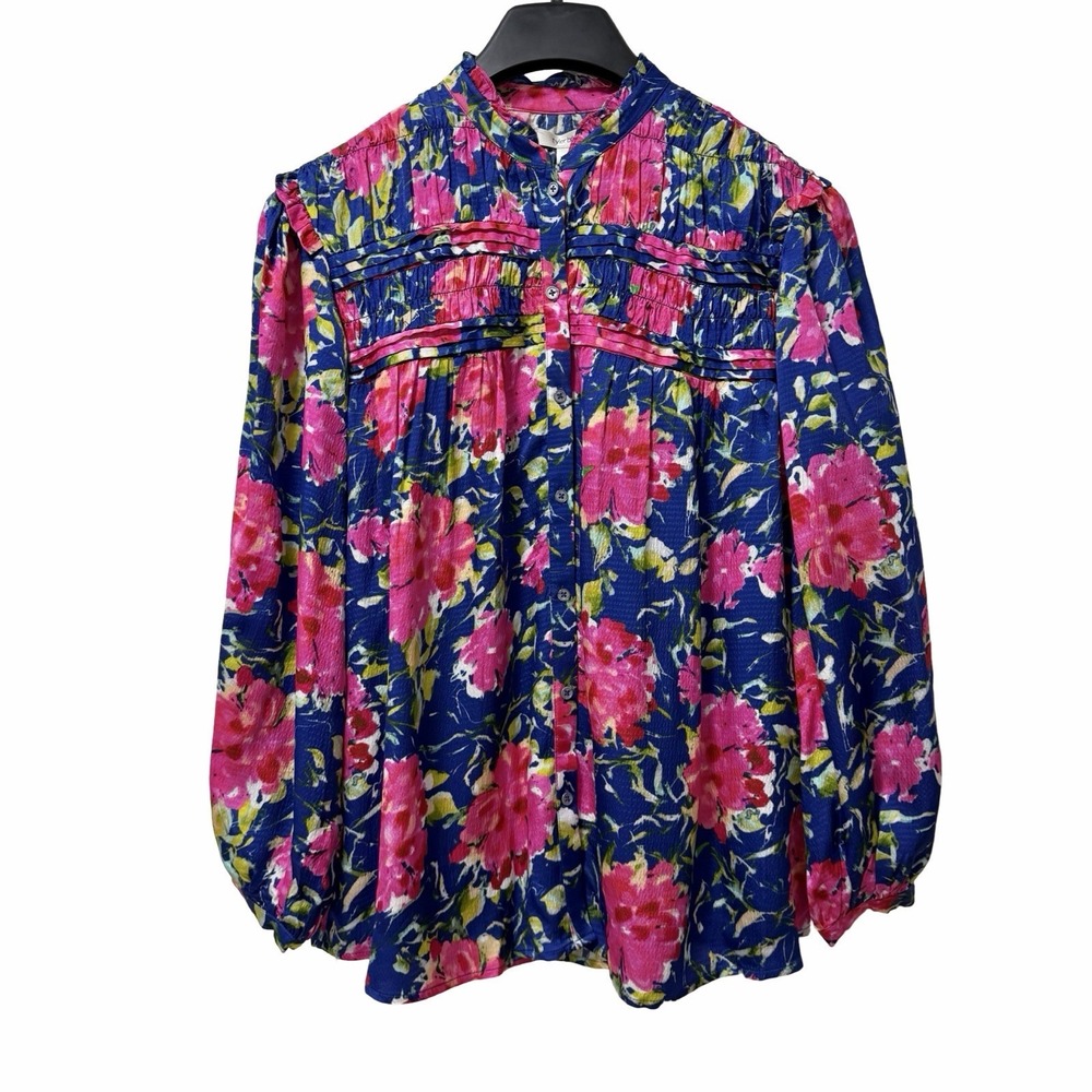 Tyler Boe Womens Floral Button Up Pleated Blouse Size XS Blue Pink Bloomcore NEW